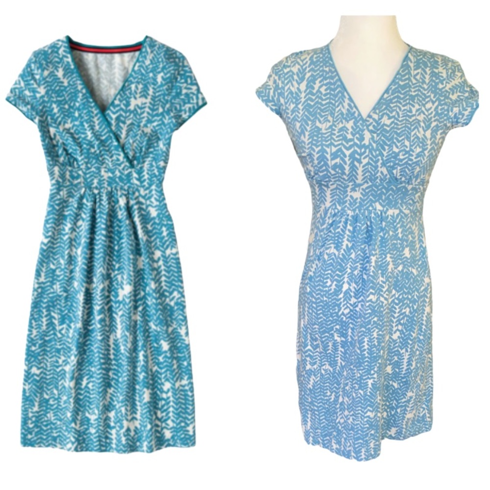 Boden Faux Wrap Pastel Cornflower Blue & Cream Leaf Print Knit Mini Dress - 4
